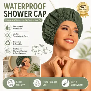 Premium Reusable Shower Cap for Women, Large Waterproof Washable Shower Bonnet with Stretch Elastic Band, Leakproof Protection, Breathable Comfort Fit & Durable Reusable Design, Full Coverage Bath Hair Hat Ideal for Long Hair, Braids and Curly Hair, Styli