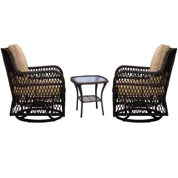 GARVEE 3 Pieces Rattan Swivel Rocking Chair Outdoor, Patio Bistro Conversation Furniture Set, Wicker Chair with Cushions and Table