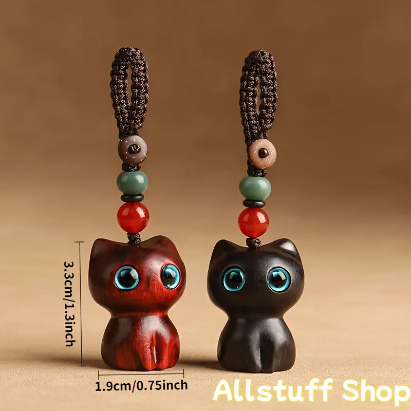 Handcrafted Sandalwood Cat Keychain - Cute Black and White Cat Design, Expressive Eyes, Durable Car Keychain, Bead-Like Charm - Natural Wood Grain Gift for Couples, Ideal for Valentine's Day, Christmas, Keychains