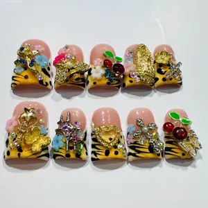 Sweet Acrylic Press On Nails 10Pcs Handmade Duckbill Nails with Yellow Black Panther Print Reusable Diamond Metallic Stars Hearts Bees Cherries Includes Jelly Glue Mini File Strip Elegant Rhinestone Decorated Easter Summer
