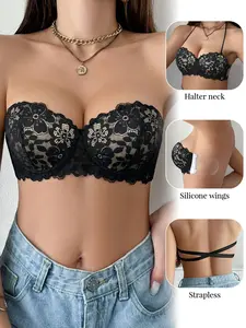 Women's strapless push-up bra with lace underwire, silicone side wings and neck strap, providing medium invisible support for backless, strapless, and off-the-shoulder dresses, Underwear