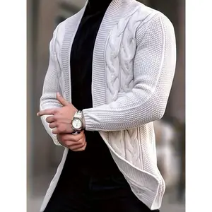 Plus Size Men's Solid Cable Knit Cardigan Spring Fall Winter Coat For Spring Fall Winter, Men's Clothing