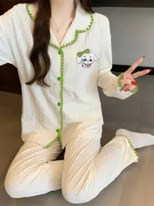 Sweet Dog Embroidery Soft Homewear Set for Women, Cartoon Sleepwear, Comfortable Casual Loungewear, Stylish Ladies' Pajama Set