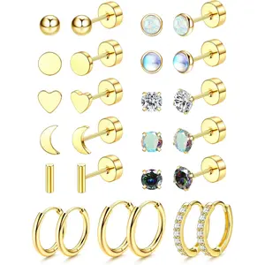 YADOCA 13 Pairs Flat Back Earrings Surgical Steel Hypoallergenic Earrings Stud Hoop Earrings for Women Men 20G Cartilage Sleeper Earrings Moonstone Opal CZ Earring Sets for Multiple Piercings