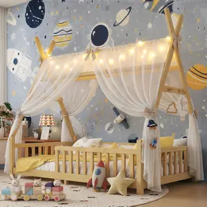 Teepee Floor Bed for Kids, Full＆Twin Size Montessori Beds with Rails & LED Light, Detachable Floor Tent Bed with Slats and Hanging Rack, Wood House Bedframe for Boys Girls