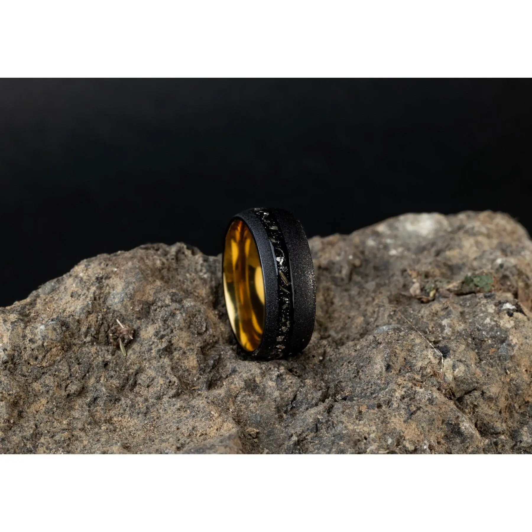 Cosmic Dust - Meteorite Ring Black, Sandblasted Brushed Meteorite Band, 8mm