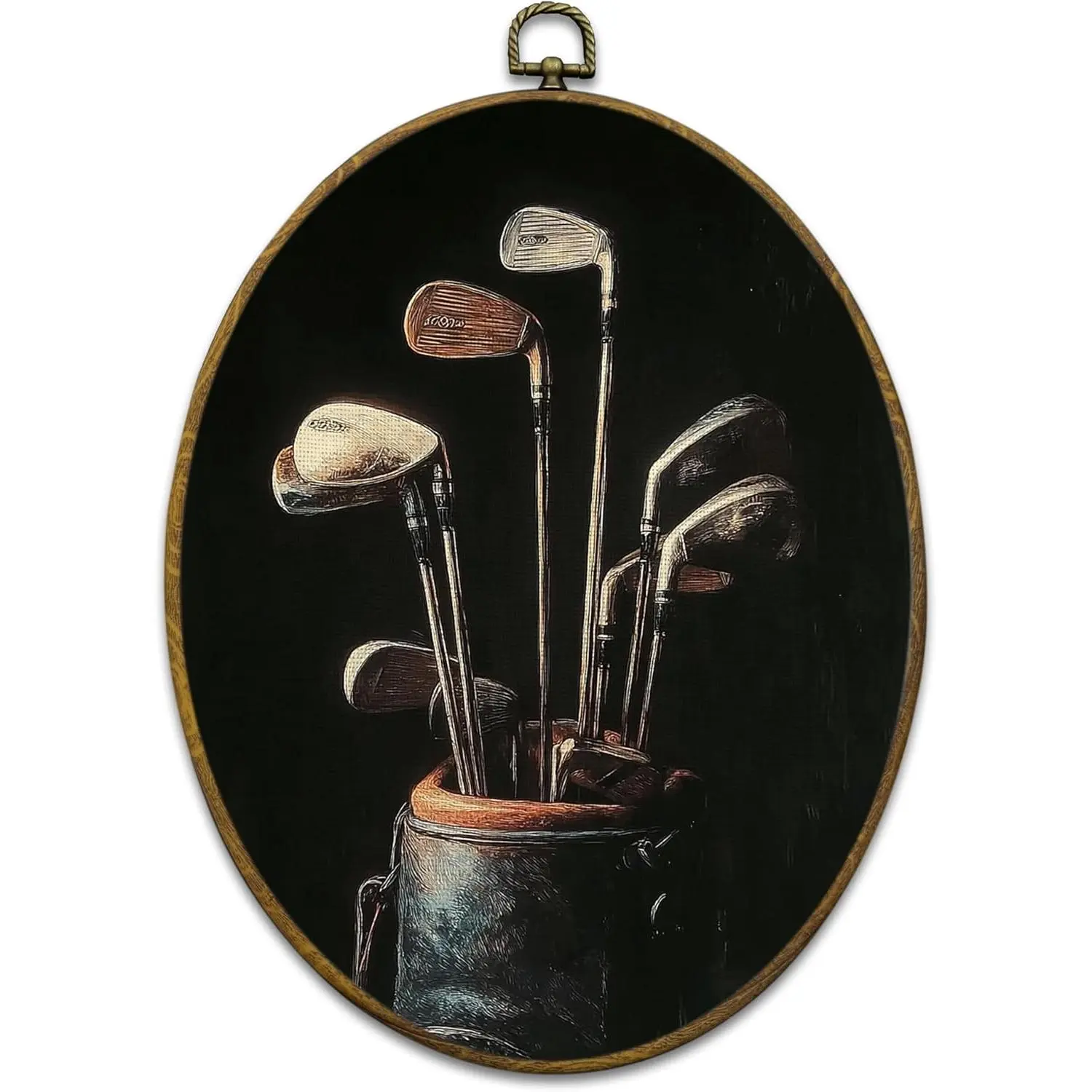Vintage Golf Wall Art Decor, Golfing Gifts Framed Canvas Prints 8.6x11.4, Rustic Retro Classic Golf Bag Aesthetic Oval Wall Hanging Artwork Decorations for Home Bedroom Gym Man Cave Sport Room