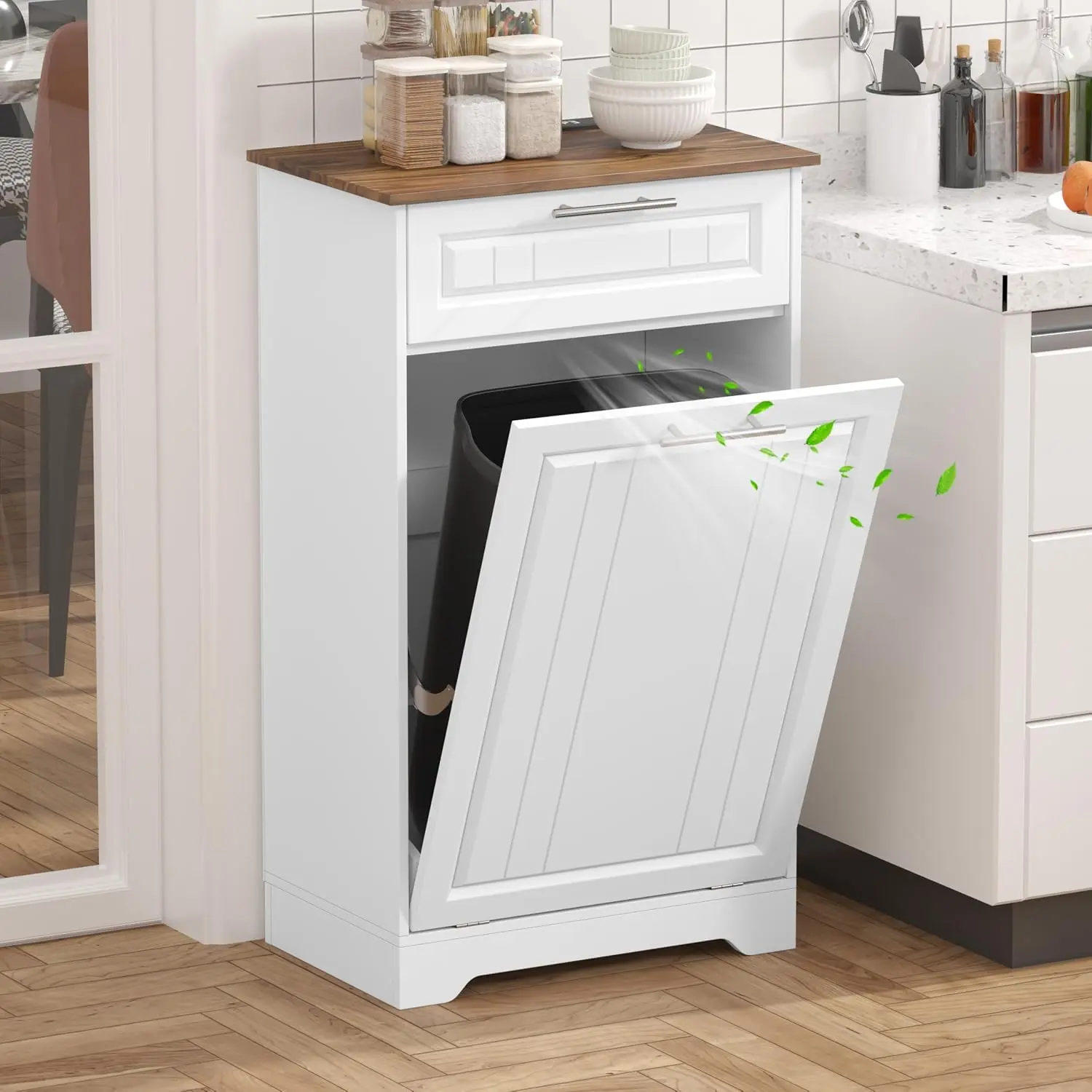 Xixini 10gal Wooden Frame Tilt-Out Trash Can Cabinet - Garbage Can with Deodorizer, Storage Drawers, Hidden Design for Kitchen, Multi-Functional Home Supply for Bathroom, Trash Cans For Kitchen
