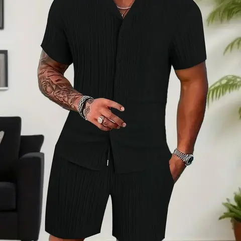 Men's Plain Short Sleeve Top & Shorts Matching Outfits Two Piece Set, Regular Fit Casual Top & Shorts, Men's Summer Clothes, Menswear, Tropical