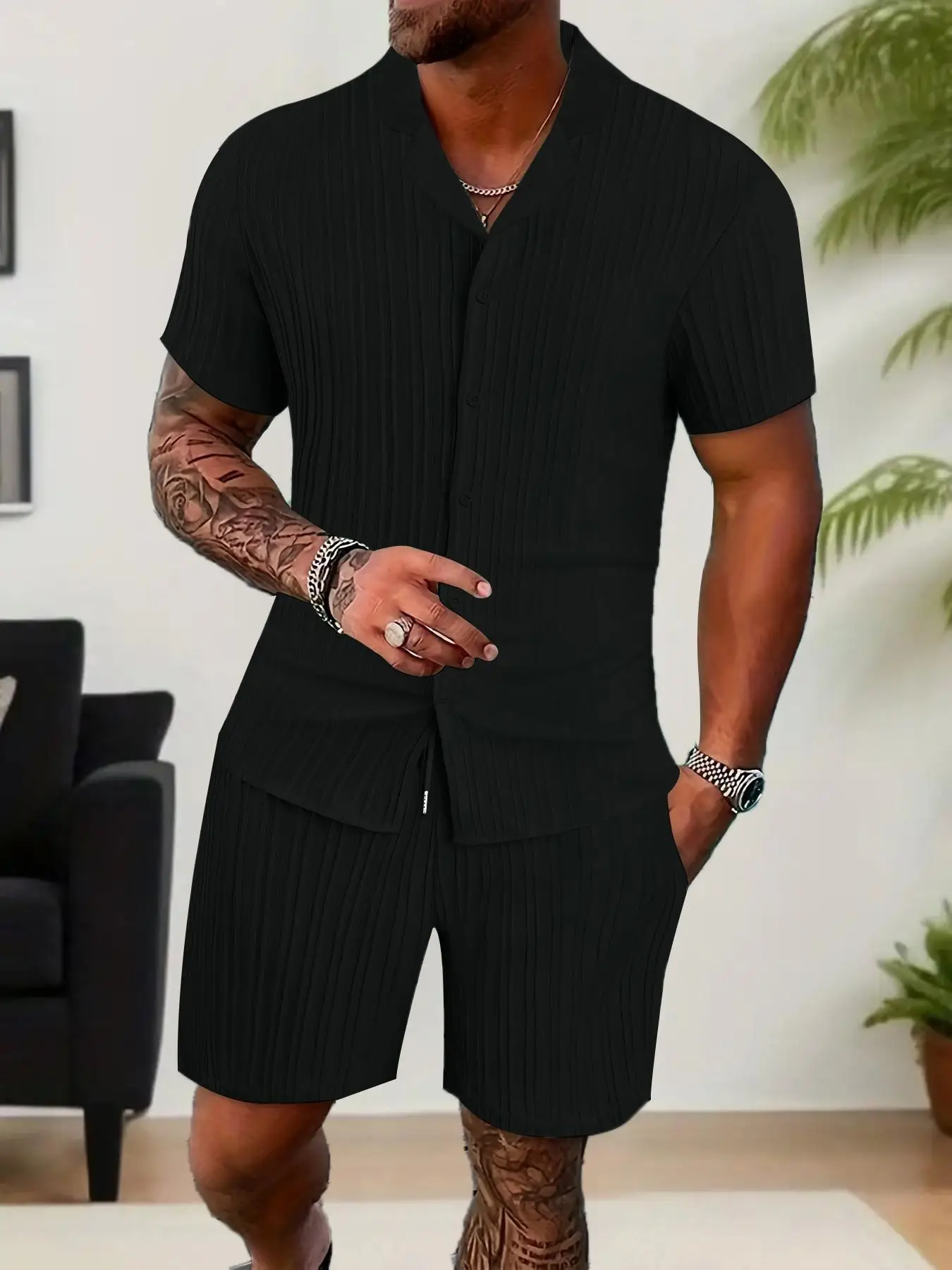 Men's Solid Short Sleeve Top & Shorts Set, Regular Fit Casual Top & Shorts, Men's Summer Clothes