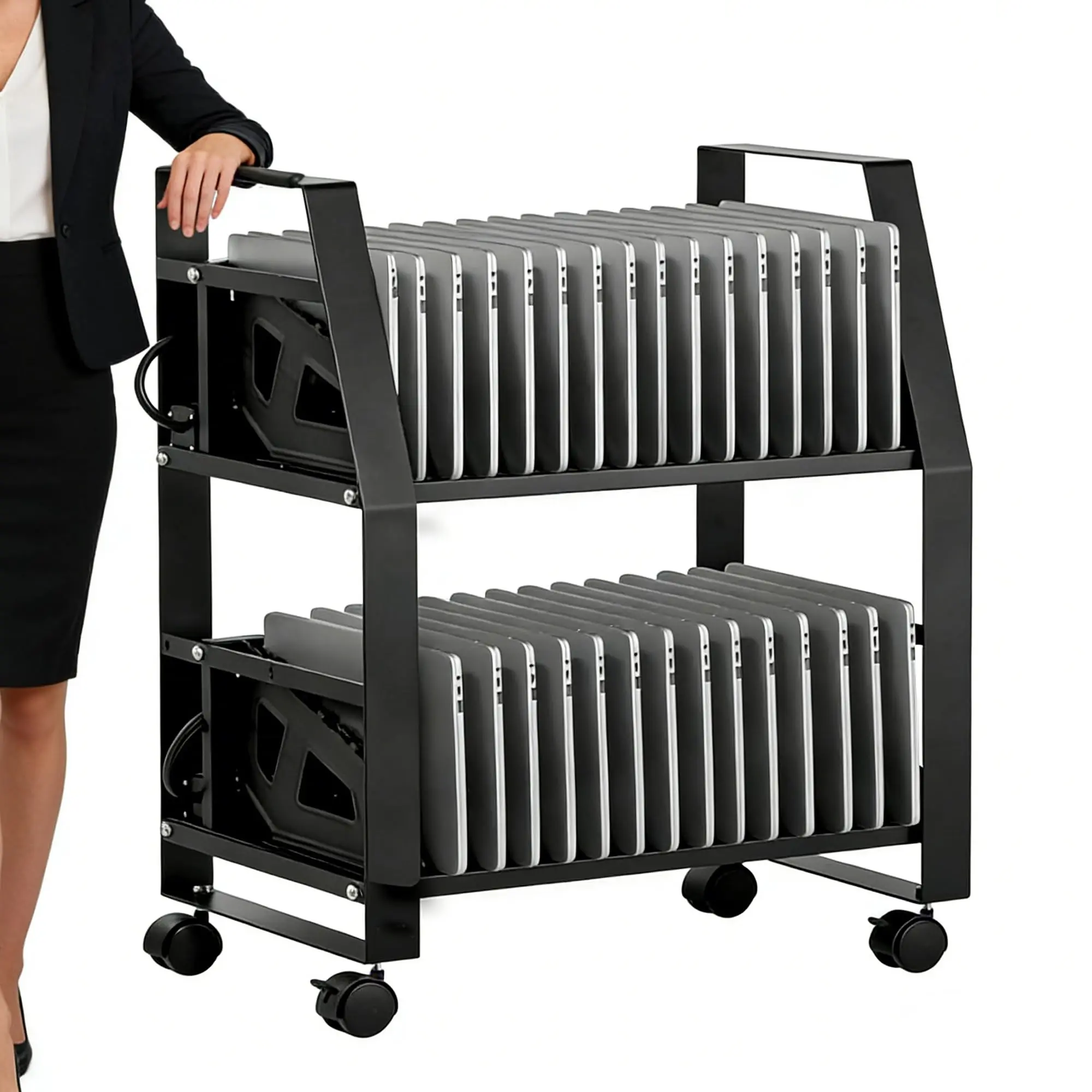 16 Device Laptop Charging Cart, Open Rolling Charging Rack with Cable Management for Laptops & Tablets, Mobile Charging Station