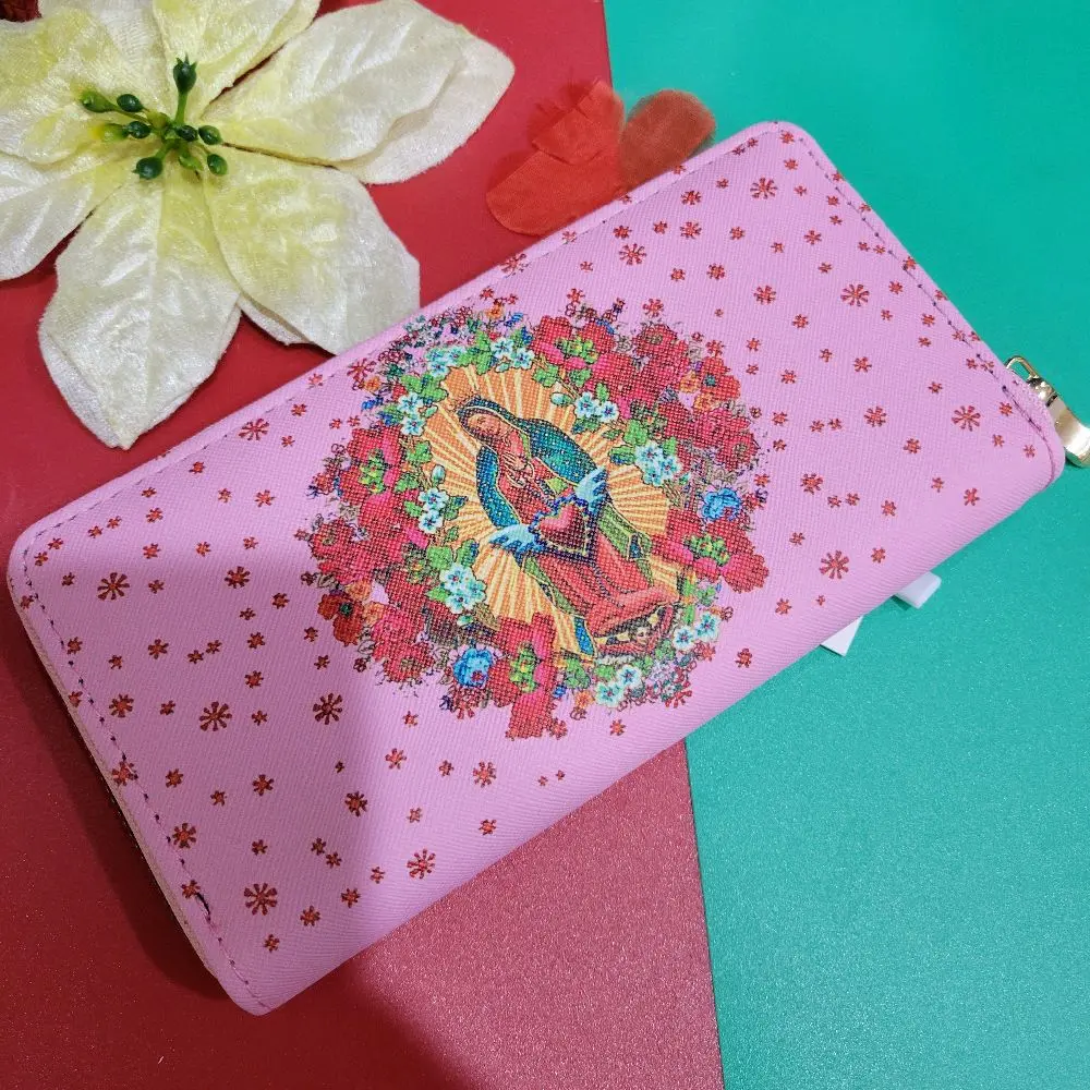 Virgen de Guadalupe  wallet printed pattern two sides long  canvas zip around wallet pink