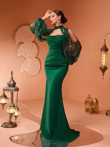 Women's Emerald Sequined Cut-Out Sleeve Backless Maxi Dress, Elegant Luxury Formal Style, Fish Tail Hem Design, Evening Carpet High End Dinner Party Set, Formal Wear, Womenswear, Glitter Sequins Dress