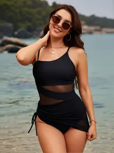 Women's Solid Color Mesh Insert One-piece Swimsuit, Casual Sleeveless Swimwear for Beach Holiday Vacation, Ladies Swimsuit for All Seasons