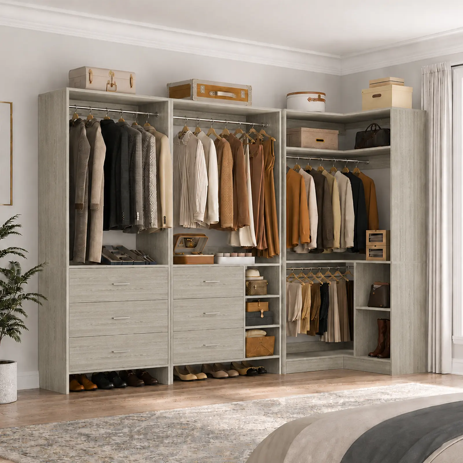 Modular Corner Closet System Set with Wooden Drawers ＆ Hanging Rods, Freestanding Walk-in Closet Organizer Wardrobe Armoire with Adjustable Shelves