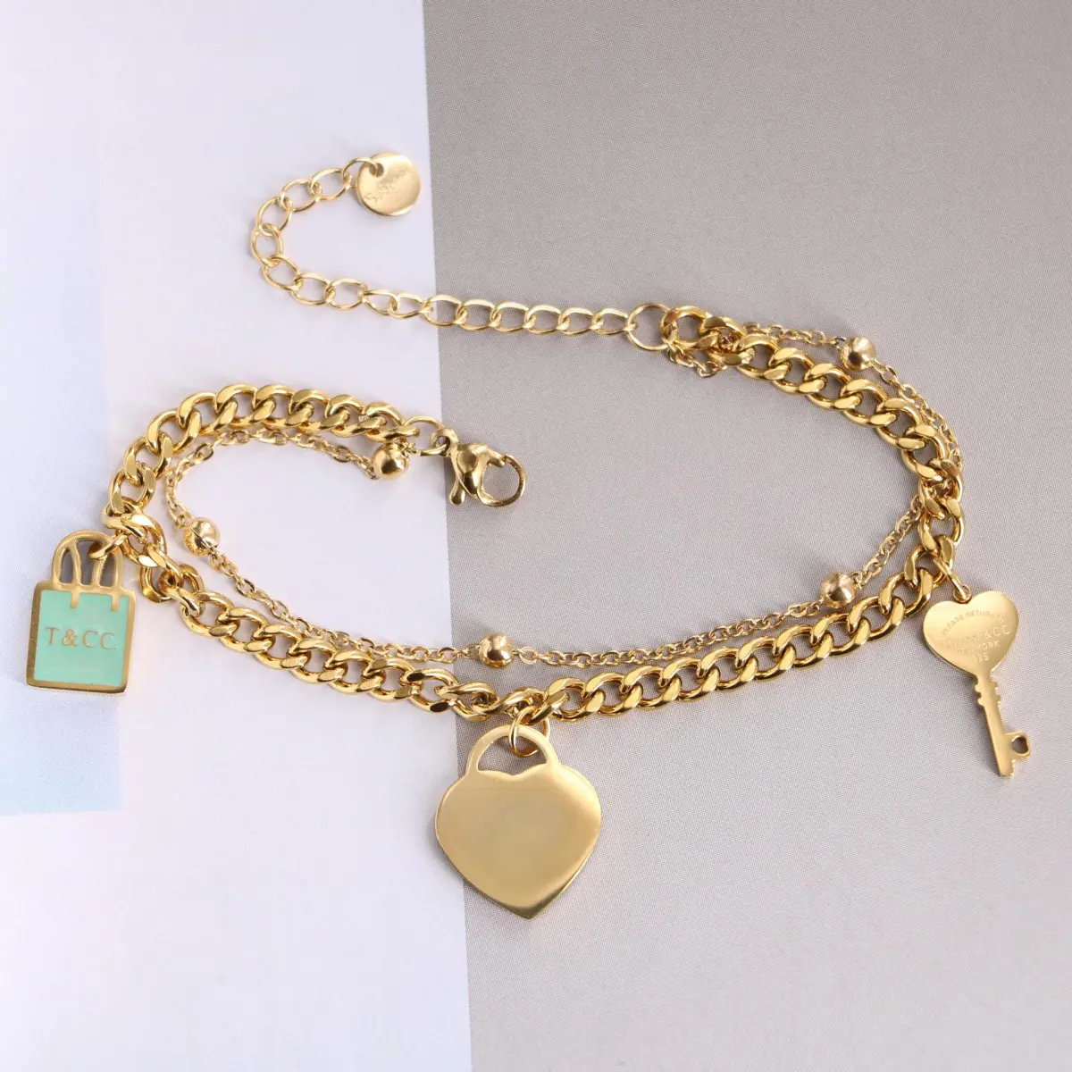 Titanium Steel 18k Gold Blue Oil Drop Small Heart Key Double Layer Bracelet for Women Socialite Lady Style 20cm Length(adjustable)