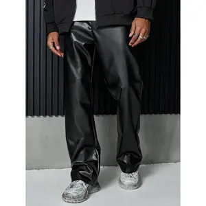 Street Style PU Leather Black Boot Cut Casual Pants, Boyfriend Gift, Street Loose Black Pants, Plai Menswear Zipper