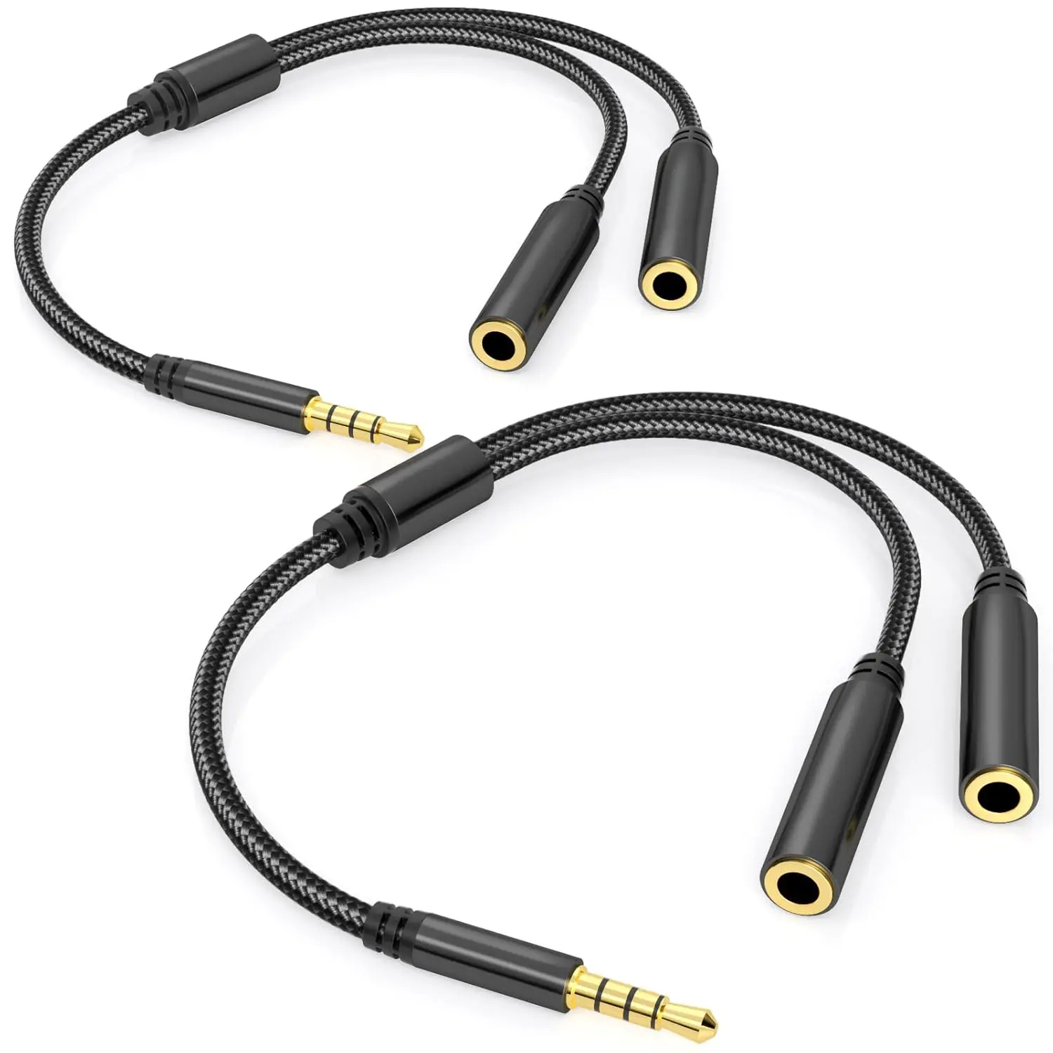 3.5mm TRRS Splitter for 2 Headphones 1FT 2-Pack, Dual Support Audio & Mic, 3.5 mm Aux Jack  1 in 2 out, Double 1/8" Stereo Female Adapter,Headset Split Y Cord 2 Way for Phone/Tablet/Laptop/PC/MP3