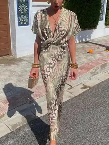 2026 New French Style Floral Print Long Dress, Elegant Fitted V-Neck Sexy Knot Design, High-Quality Luxury Slim Fit Evening Gown