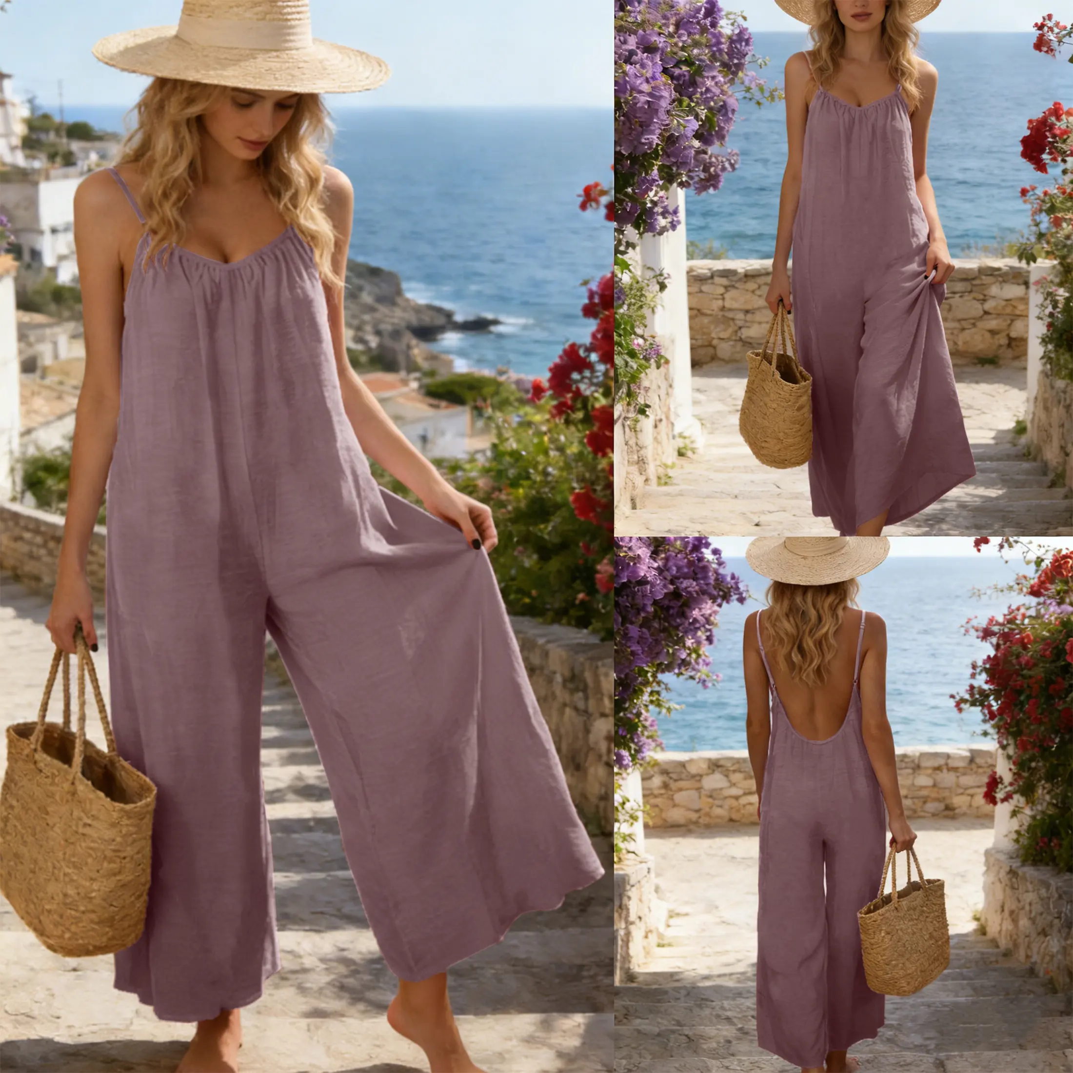 UANEO Women's Backless Jumpsuit Adjustable Spaghetti Strap Wide Leg Loose Vacation Style Romper with Pockets