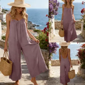 UANEO Women's Backless Jumpsuit Adjustable Spaghetti Strap Wide Leg Loose Vacation Style Romper with Pockets