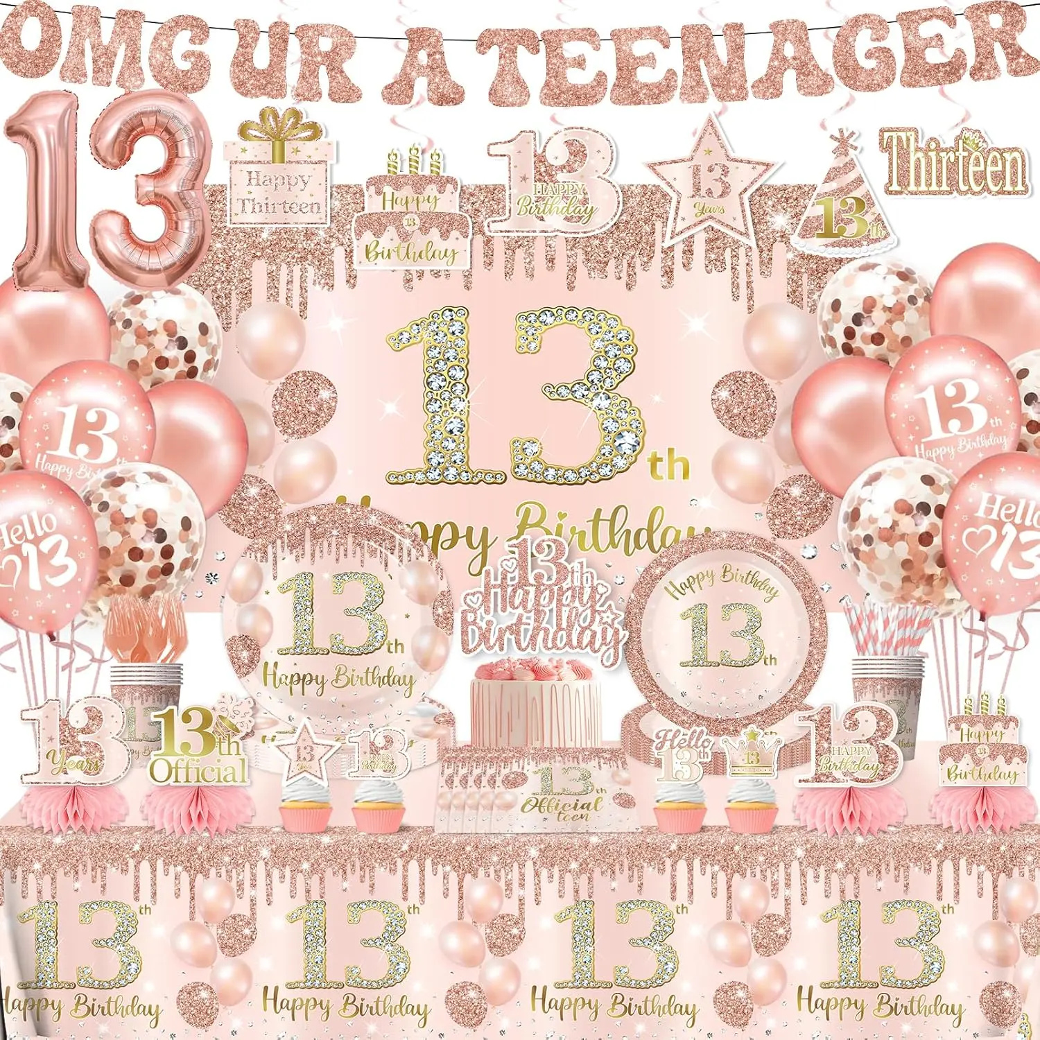 13th Birthday Decorations for Girls Rose Gold Official Teenager Party Supplies Disposable Paper Plates,Napkins,Tablecloth, Backdrop,Balloon,Cake Topper,for Happy Thirteen Birthday Decor,Serve 24