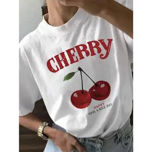 Cherry Pattern and Letter Print Casual TShirt with Round Neck Short Sleeves Ideal for Women's Spring Wear
