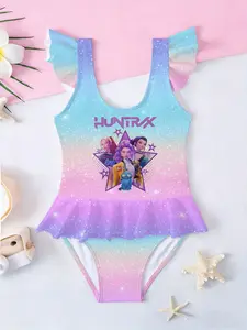 Girls Kpop Demon Hunters One-Piece Swimsuit, Gradient Glitter Girl Group Cute Pet Print Ruffle Sleeveless Swimwear, Summer Beach Wear