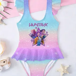 Girls Kpop Demon Hunters One-Piece Swimsuit, Gradient Glitter Girl Group Cute Pet Print Ruffle Sleeveless Swimwear, Summer Beach Wear