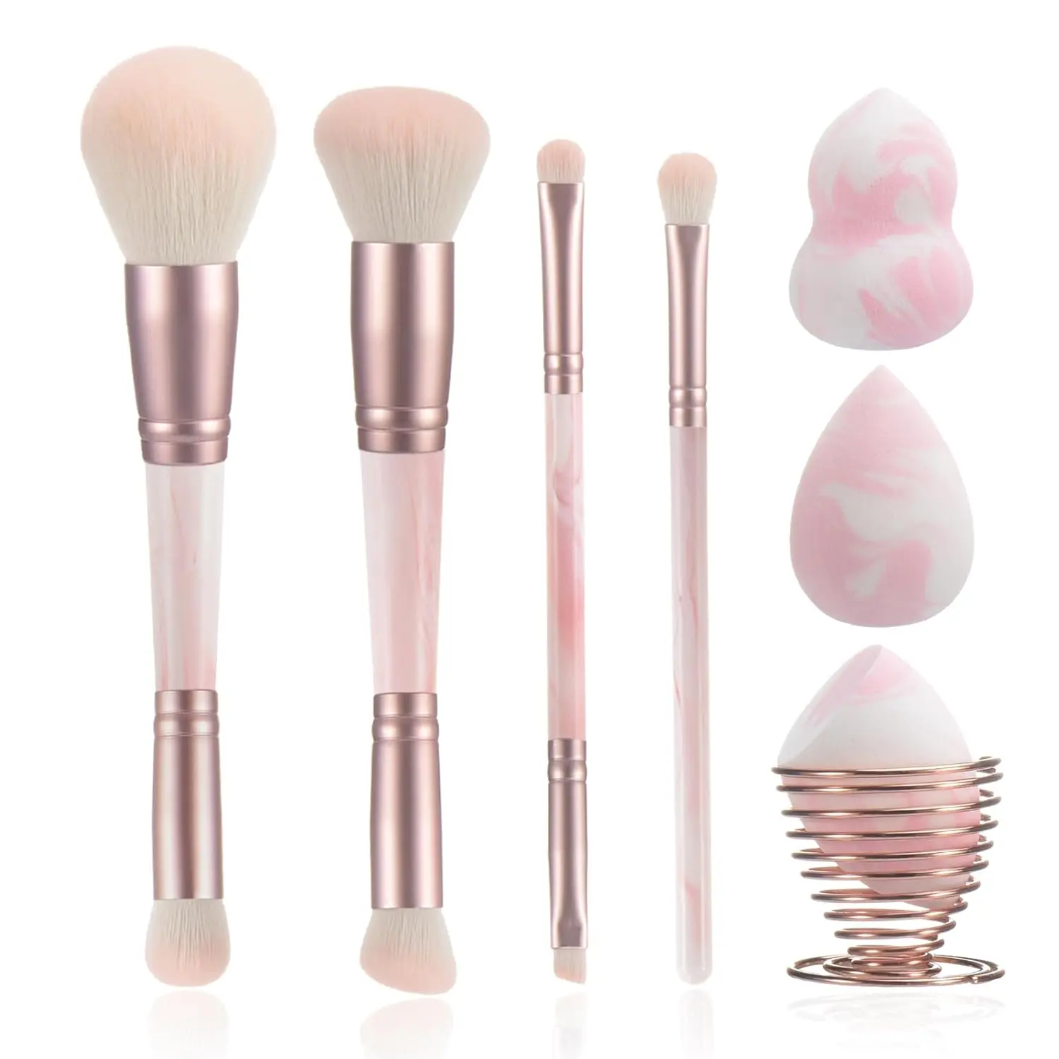 Pink Makeup Brushes set, 4 Dual-Ended Brushes, 3 Makeup Sponges & 1 Metal Stand, Professional Complete Cosmetic Brush Set, for Foundation Powder Blush Eyeshadow