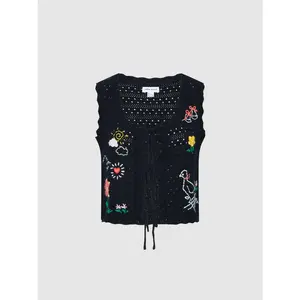URBAN REVIVO 2026 Spring Pastoral Embroidered Women's Vest - Cotton Fabric, Openwork Knitting, Sleeveless, Tie-Front, Plus Size Casual Tops, UYL960028, Vests