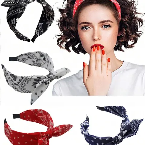 4pcs Vintage Fashion Paisley Flower Bowknot Rabbit Ear Bright Colored Fabric Hairbands, Hair Hoops For Women, Colorful Hair Accessories, Hair Bows Headbands