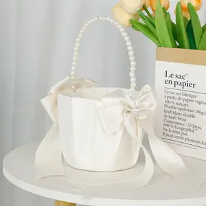 Elegant Ivory Lace Wedding Basket, Flower Girl Scatter Basket with Cute Pearl Handle Bow, Perfect for Weddings, Valentines Day Gift