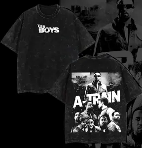 Retro The Boy Season 5 - A-Train Graphic Tee Washed – Double Sided Print Oversized Acid-Washed Heavyweight Cotton T-Shirt – Unisex Comics Tee, Perfect Gift for Comic Fans and Lovers Menswear Tops