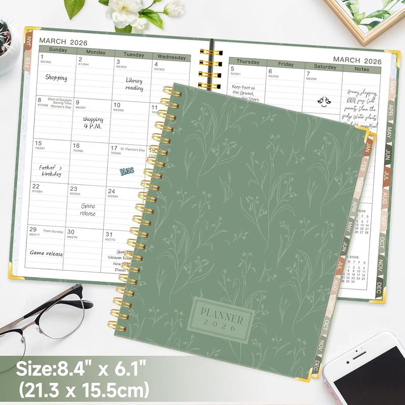 2026 Planner, Weekly and Monthly Planner from January 2026-December 2026, 8.4"x 6.1" Aesthetic Greenery Agenda Book with Back Pocket, Stickers, Coated Tabs, A5 Size