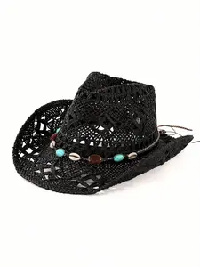 Western Cowboy Style Straw Hat, Summer Sun Protection Beach Hat, Breathable Outdoor Hat, Hollow Out Design, Ideal for Beach and Sand