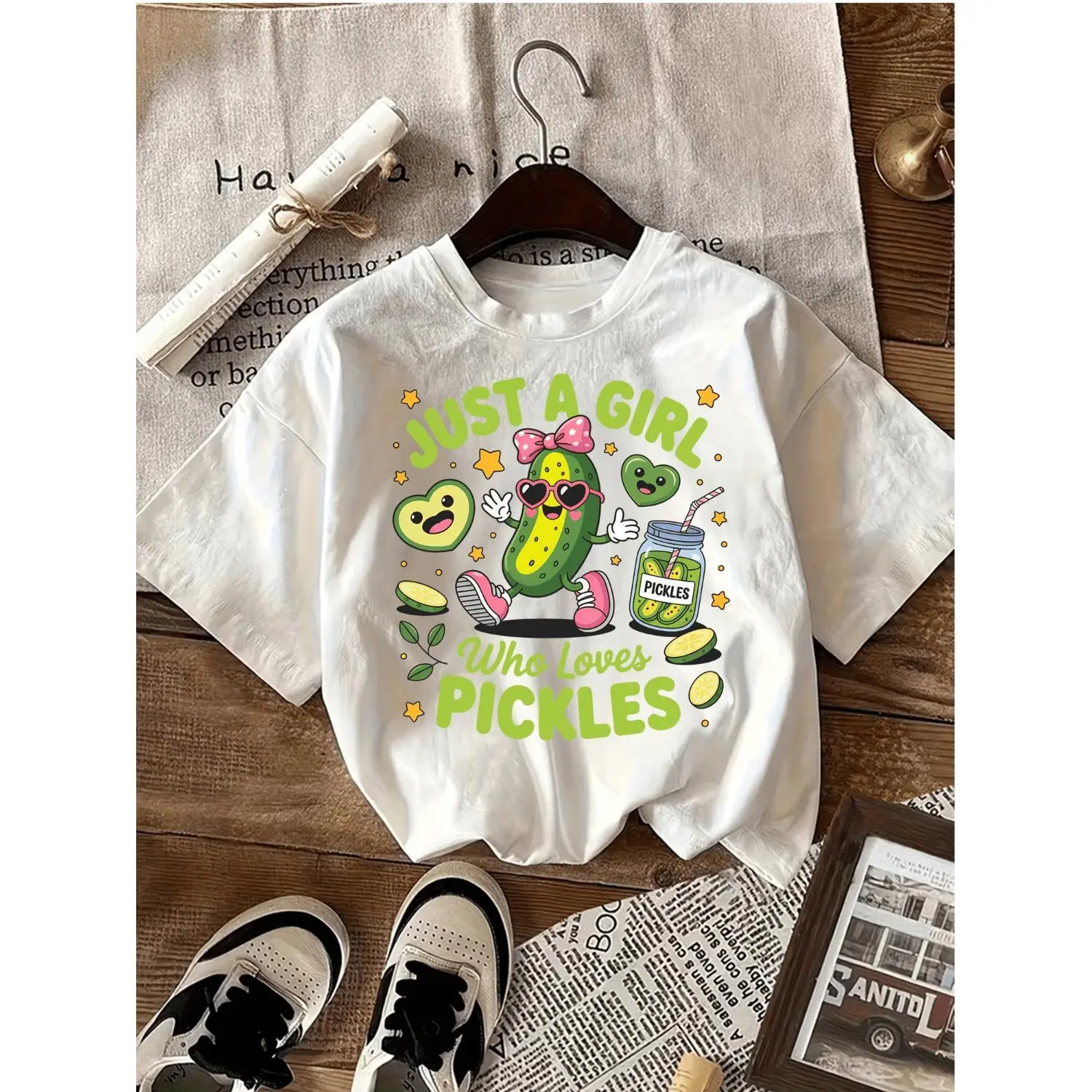 Crewneck T Shirt Cute Cartoon Pickle Cucumber Print Funny Just A Person Who Loves Pickles Casual Everyday Graphic Tee Women Novelty Gift