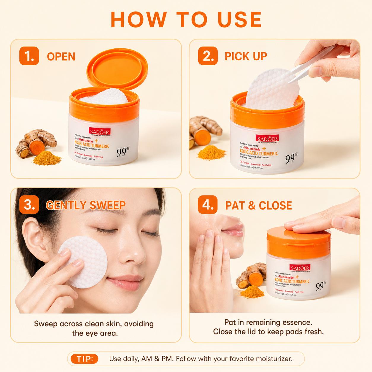 Kojic Acid Turmeric Pre-Soaked Facial Toner Pads, Natural Face Toner for Daily Skincare, Applies Daily to Brighten Skin