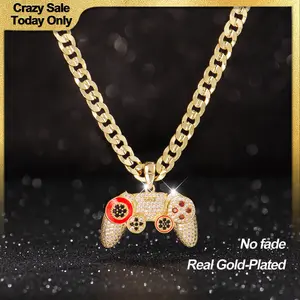 14K Real Gold-Plated Game Controller Necklace, Sony-Inspired CZ Diamond Pendant, 24" Rope &  Cuban Chain, Hip Hop Jewelry Gift for PlayStation Fans