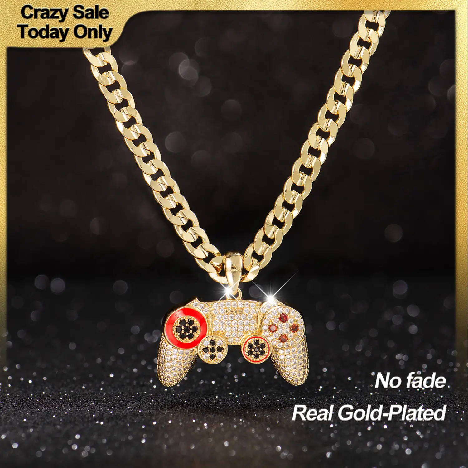 Holylegend 14K Real Gold-Plated Game Controller Necklace, Sony-Inspired CZ Diamond Pendant, 24" Rope & Cuban Chain, Hip Hop Jewelry Gift for PlayStat