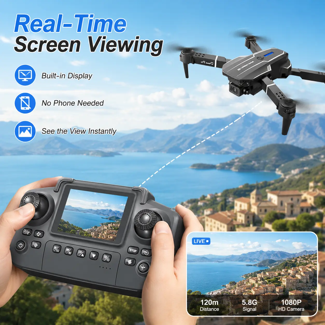 1080P FPV RC Drone with Built-in Display Controller, Foldable Design, Optical Flow Hover, 1-Key Takeoff for Beginners & Adults