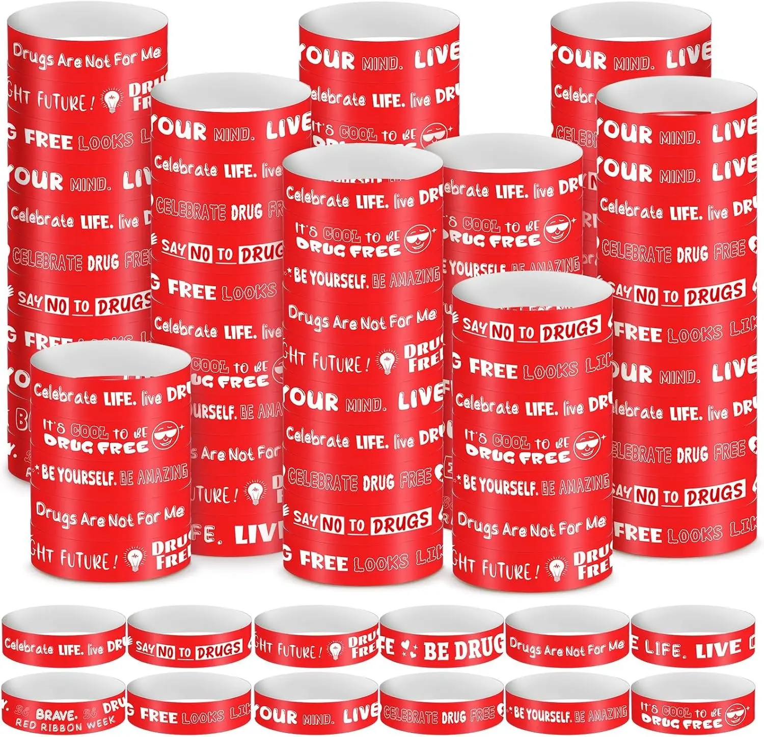 Fuyoooo 1200 Pcs Red Ribbon Week Wristbands Bulk - Drug Free Red Ribbon Week Paper Bracelets Inspirational Awareness Supplies for Anti-Drugs Campaigns, Awareness Events