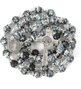 Store Black Glass &  Beaded Rosary Necklace with St. Benedict Medal &  Crucifix Catholic Prayer Beads for Men & Women