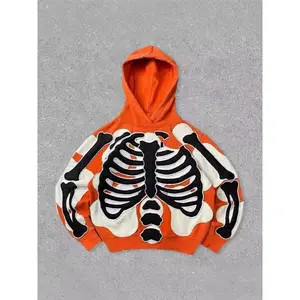 2025 New Men’s Fashion Orange Skull 3D Printed Hoodie, Casual Loose Fit, Long Sleeve, Polyester Fabric, Tropical Menswear Top, Sports Streetwear Sweatshirt, Pullover