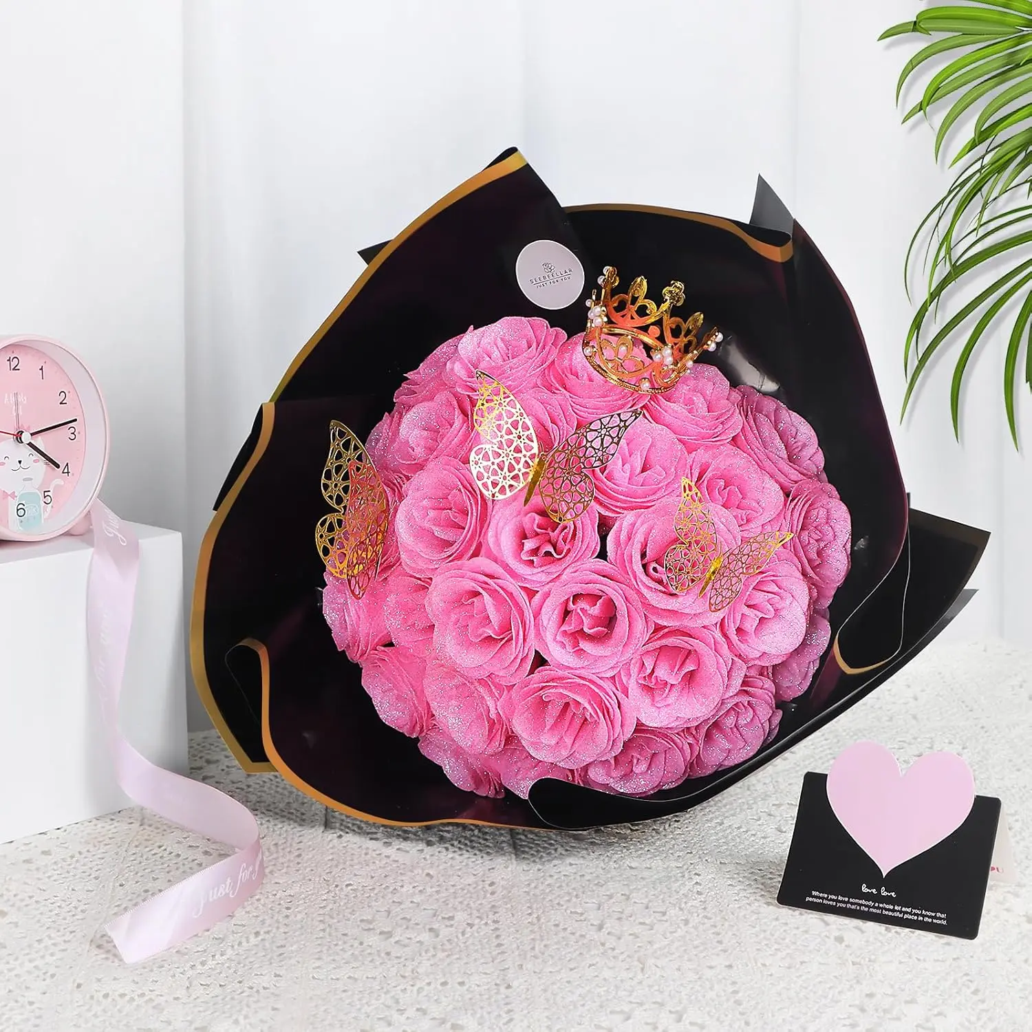 DIY Glitter Artificial Pink Rose Bouquet 25 Count for Mothers Day Anniversary Weddings Gift