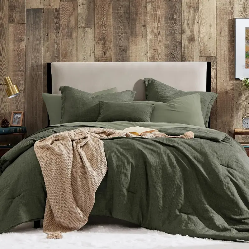 Dark Olive Green Queen   - 7 Pieces  Queen Size, Solid Bedding  for All Season, Textured Bed in a Bag with Sheets Luxury All-Season Marshmallow Comforter Set
