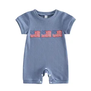 Newborn Baby Boy 4th Of July Outfit American Flag Embroidery Romper Round Neck Waffle Short Sleeve Jumpsuit My First 4th Of July Baby Boy Outfit