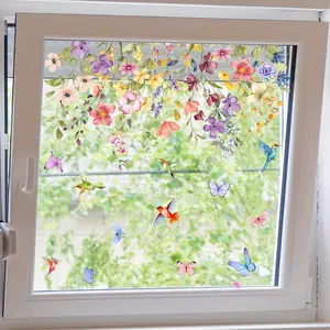 A new 2D flat static cling window decoration with colorful flowers, hummingbirds and butterflies, measuring 30*60cm, featuring an aesthetic window sticker and showcase sticker (D16568-KX)