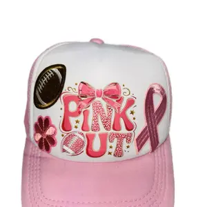 Breast Cancer Awareness Trucker Hats Pink Ribbon Design with Football Motif and Bow for Supportive Wear