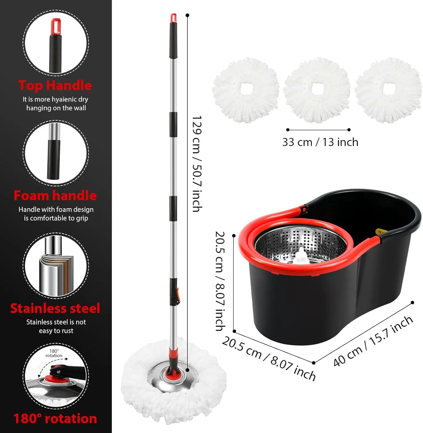 360° Spin Mop and Bucket Set with Wringer, 50" Extended Handle, 3 Microfiber Refills for Floor Cleaning (Black)
